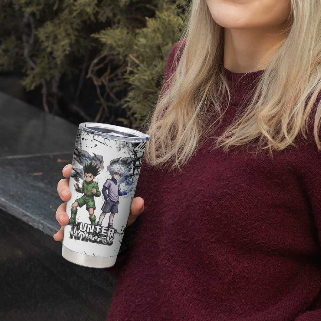 Main Characters Monochrome Graffiti Style Tumbler Cup with Gon Killua Kurapika and Leorio Team Design - The Mazicc