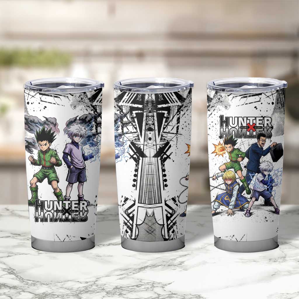 Main Characters Monochrome Graffiti Style Tumbler Cup with Gon Killua Kurapika and Leorio Team Design - The Mazicc