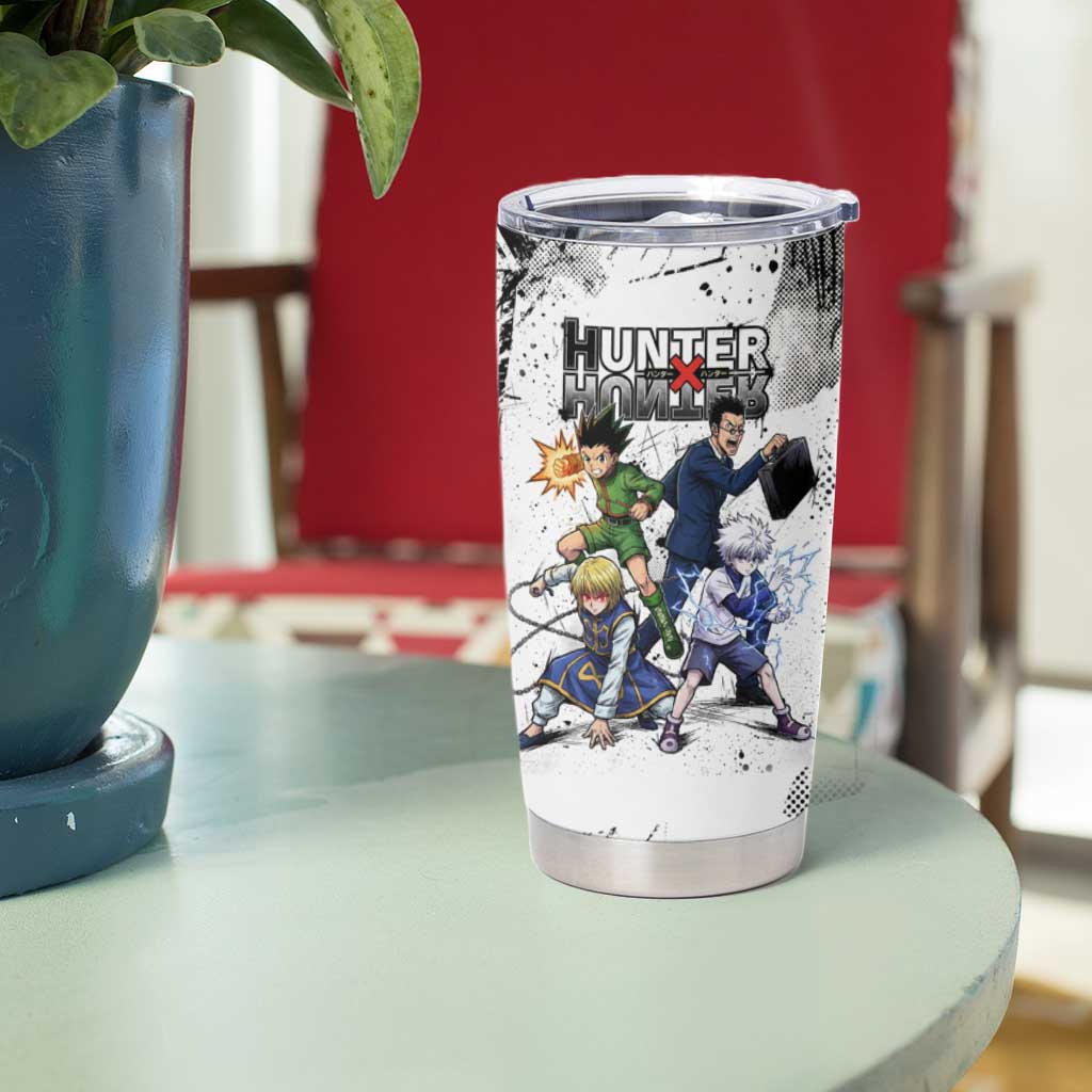 Main Characters Monochrome Graffiti Style Tumbler Cup with Gon Killua Kurapika and Leorio Team Design - The Mazicc