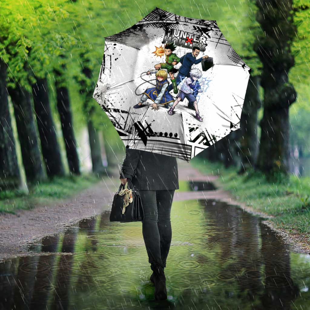 Main Characters Monochrome Graffiti Style Umbrella with Gon Killua Kurapika and Leorio Team Design - The Mazicc