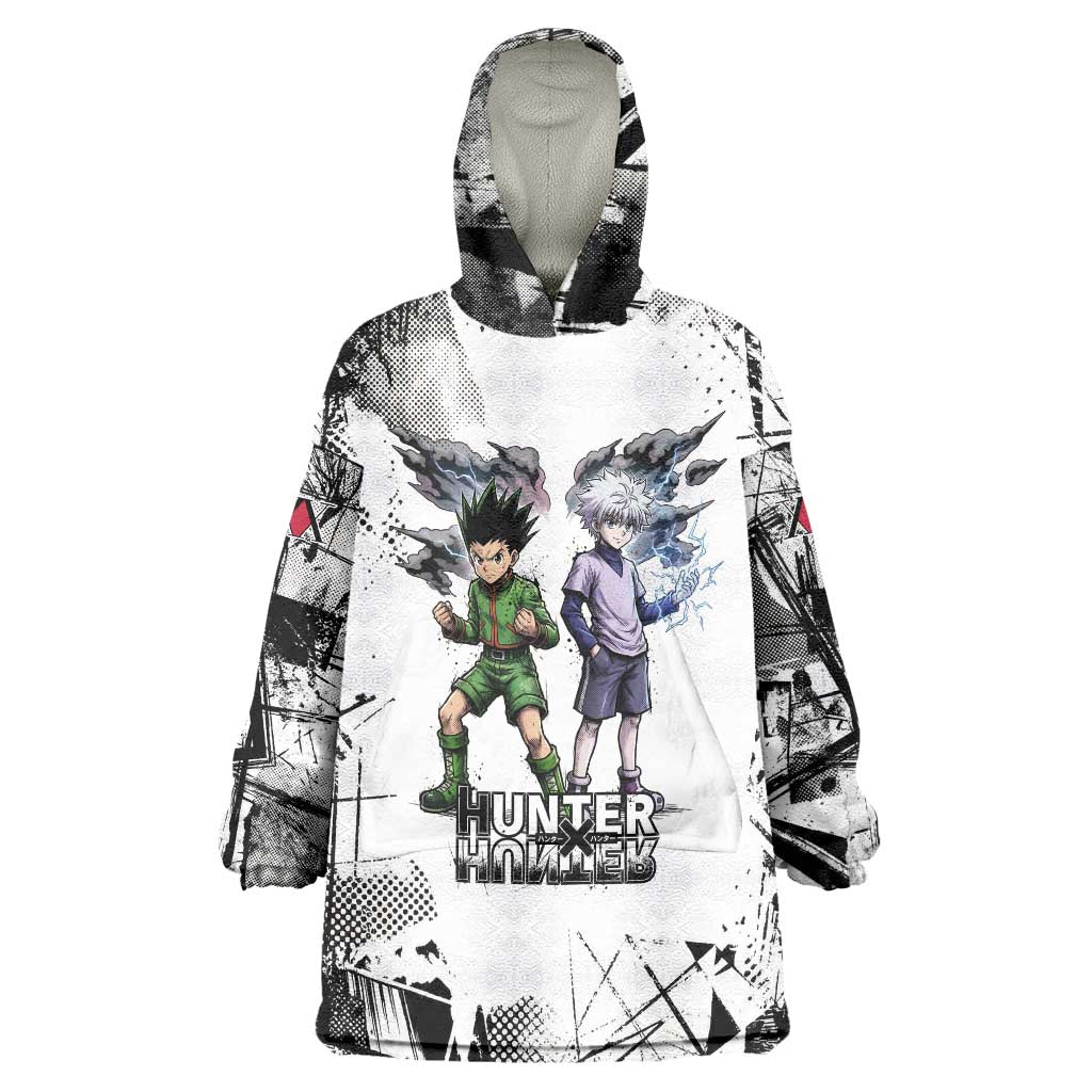 Main Characters Monochrome Graffiti Style Wearable Blanket Hoodie with Gon Killua Kurapika and Leorio Team Design - The Mazicc