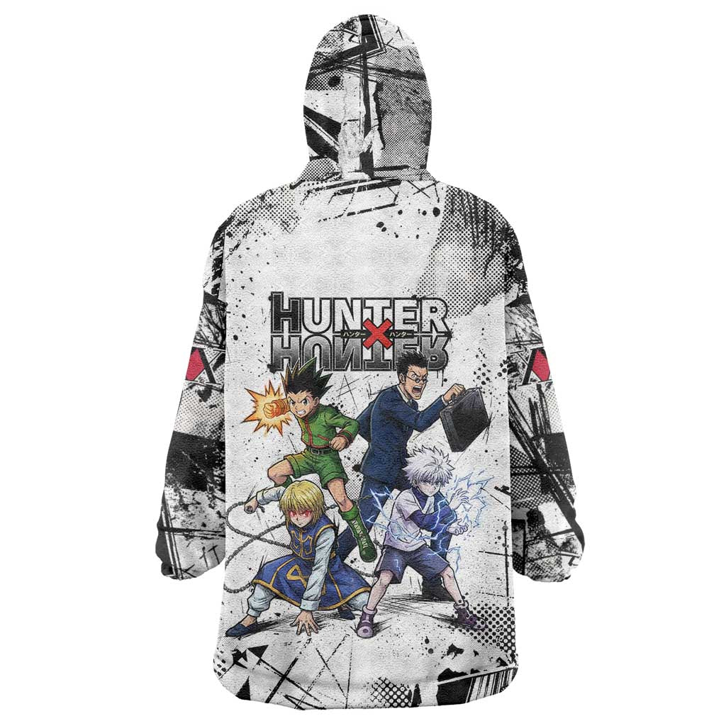 Main Characters Monochrome Graffiti Style Wearable Blanket Hoodie with Gon Killua Kurapika and Leorio Team Design - The Mazicc