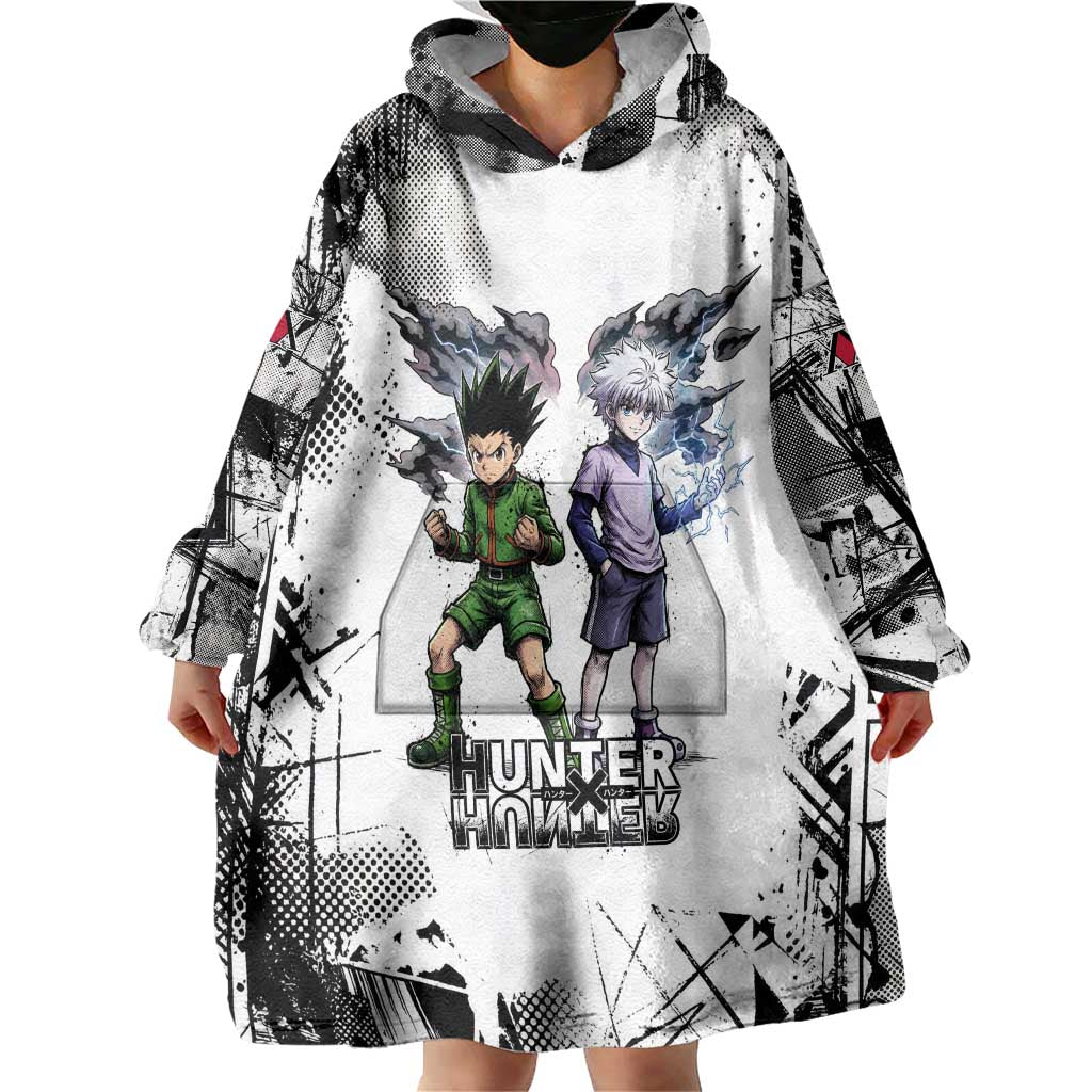 Main Characters Monochrome Graffiti Style Wearable Blanket Hoodie with Gon Killua Kurapika and Leorio Team Design - The Mazicc