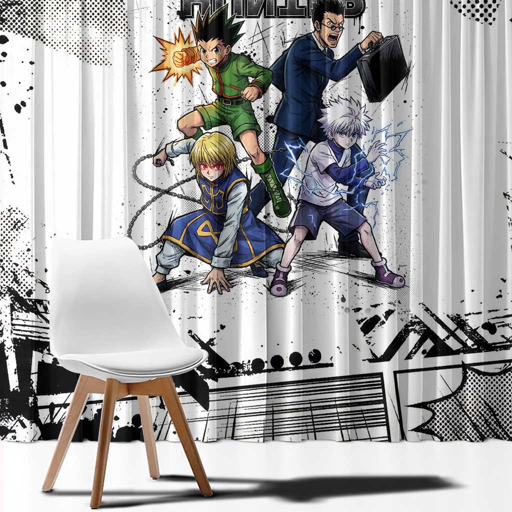 Main Characters Monochrome Graffiti Style Window Curtain with Gon Killua Kurapika and Leorio Team Design - The Mazicc