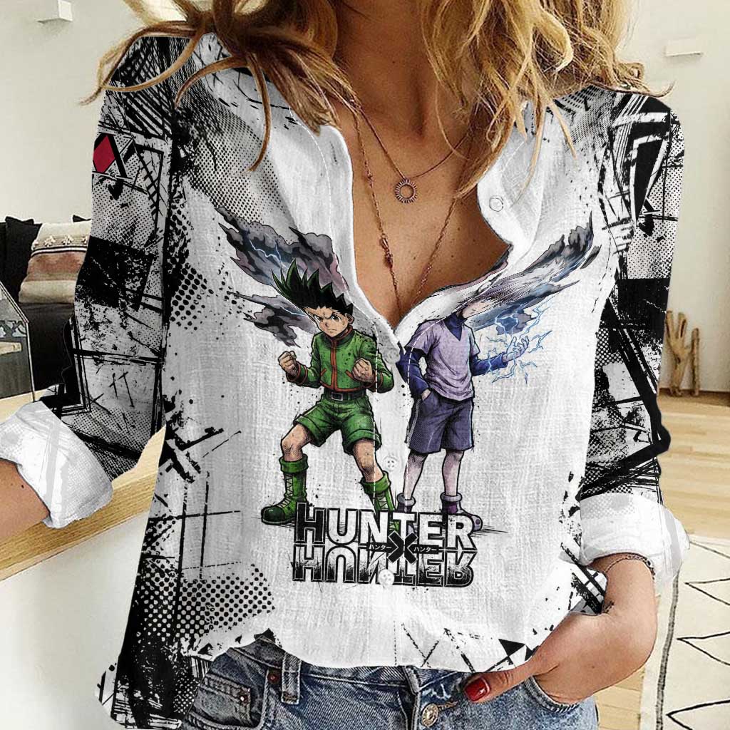Main Characters Monochrome Graffiti Style Women Casual Shirt with Gon Killua Kurapika and Leorio Team Design - The Mazicc