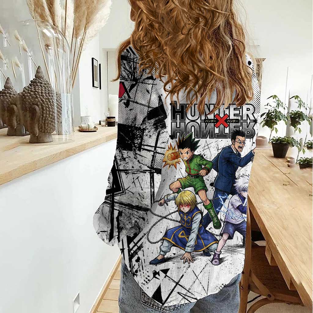 Main Characters Monochrome Graffiti Style Women Casual Shirt with Gon Killua Kurapika and Leorio Team Design - The Mazicc