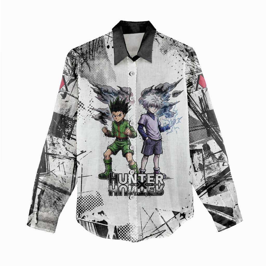 Main Characters Monochrome Graffiti Style Women Casual Shirt with Gon Killua Kurapika and Leorio Team Design - The Mazicc