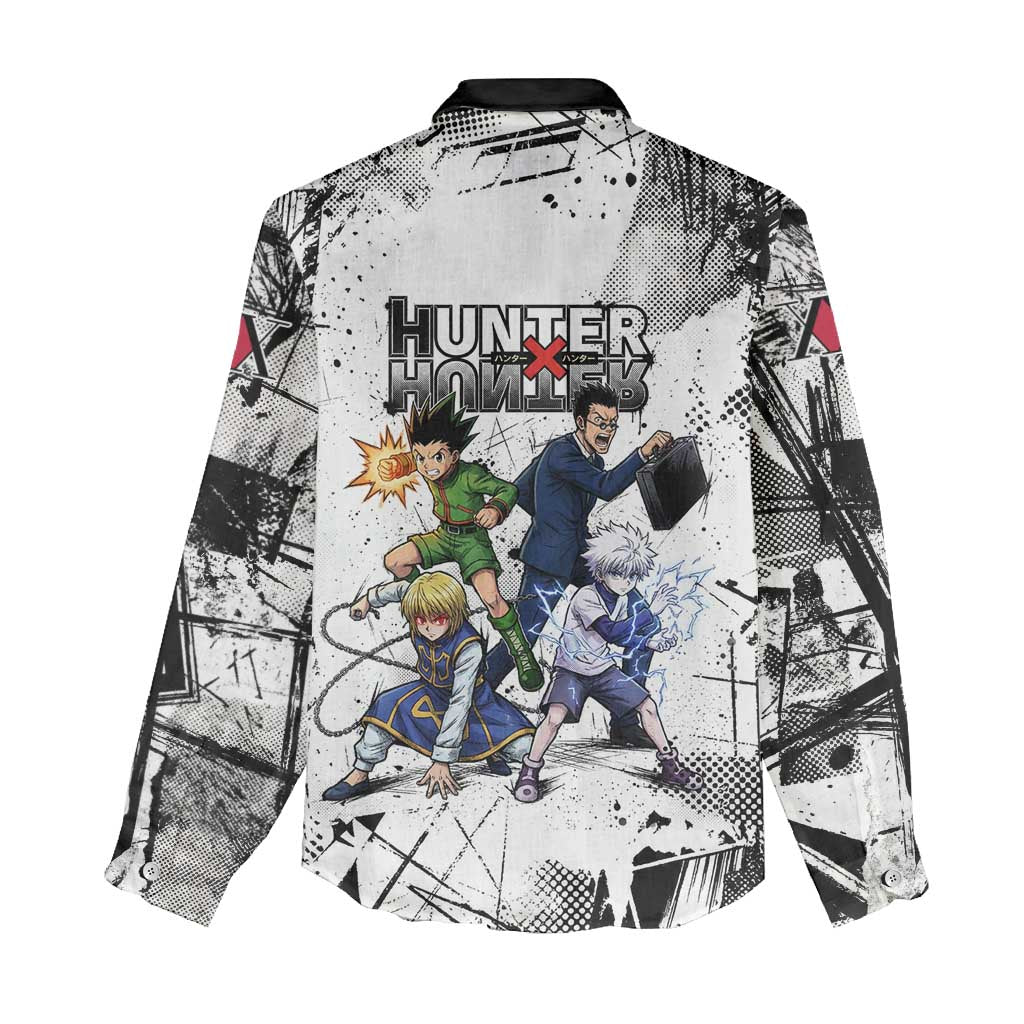 Main Characters Monochrome Graffiti Style Women Casual Shirt with Gon Killua Kurapika and Leorio Team Design - The Mazicc