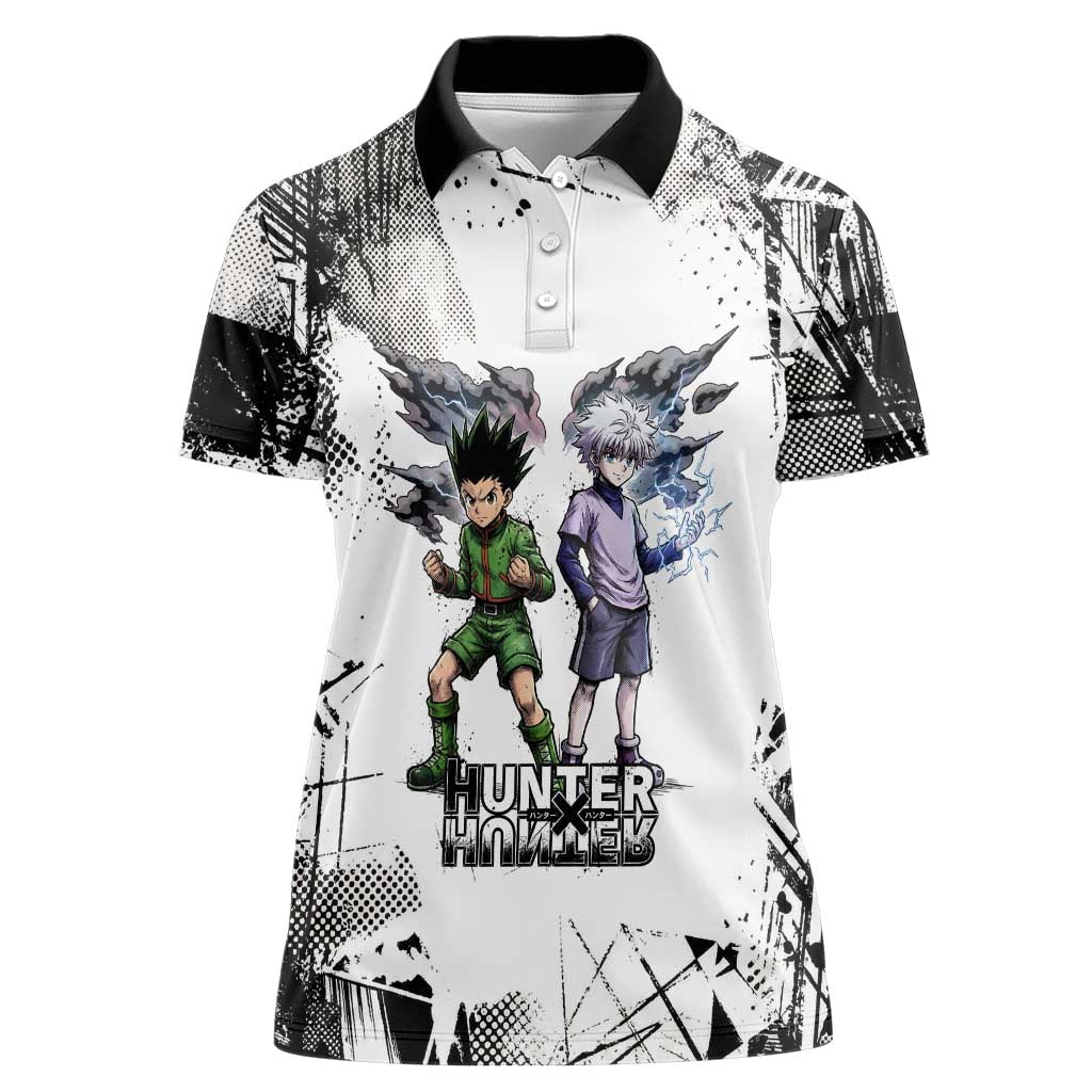 Main Characters Monochrome Graffiti Style Women Polo Shirt with Gon Killua Kurapika and Leorio Team Design - The Mazicc