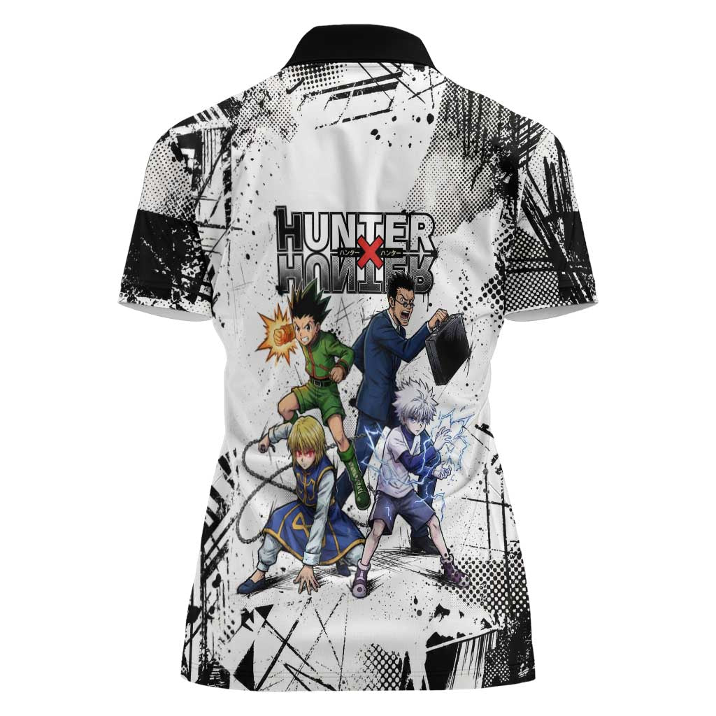 Main Characters Monochrome Graffiti Style Women Polo Shirt with Gon Killua Kurapika and Leorio Team Design - The Mazicc