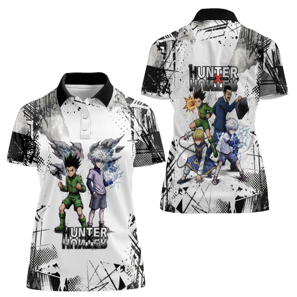 Main Characters Monochrome Graffiti Style Women Polo Shirt with Gon Killua Kurapika and Leorio Team Design - The Mazicc