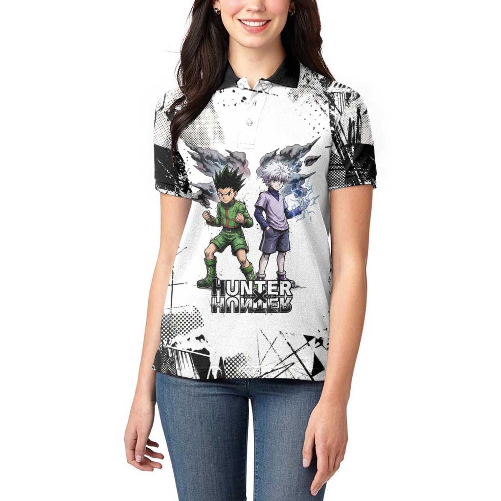 Main Characters Monochrome Graffiti Style Women Polo Shirt with Gon Killua Kurapika and Leorio Team Design - The Mazicc