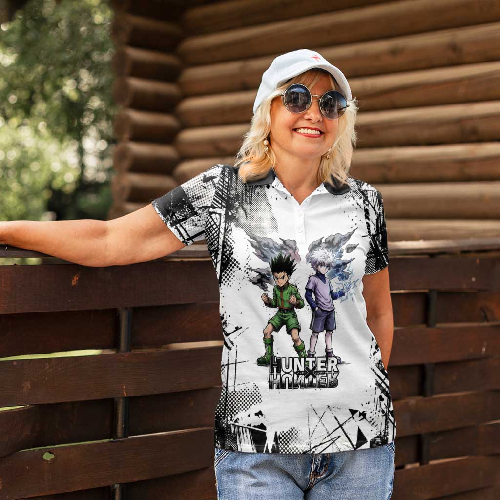 Main Characters Monochrome Graffiti Style Women Polo Shirt with Gon Killua Kurapika and Leorio Team Design - The Mazicc