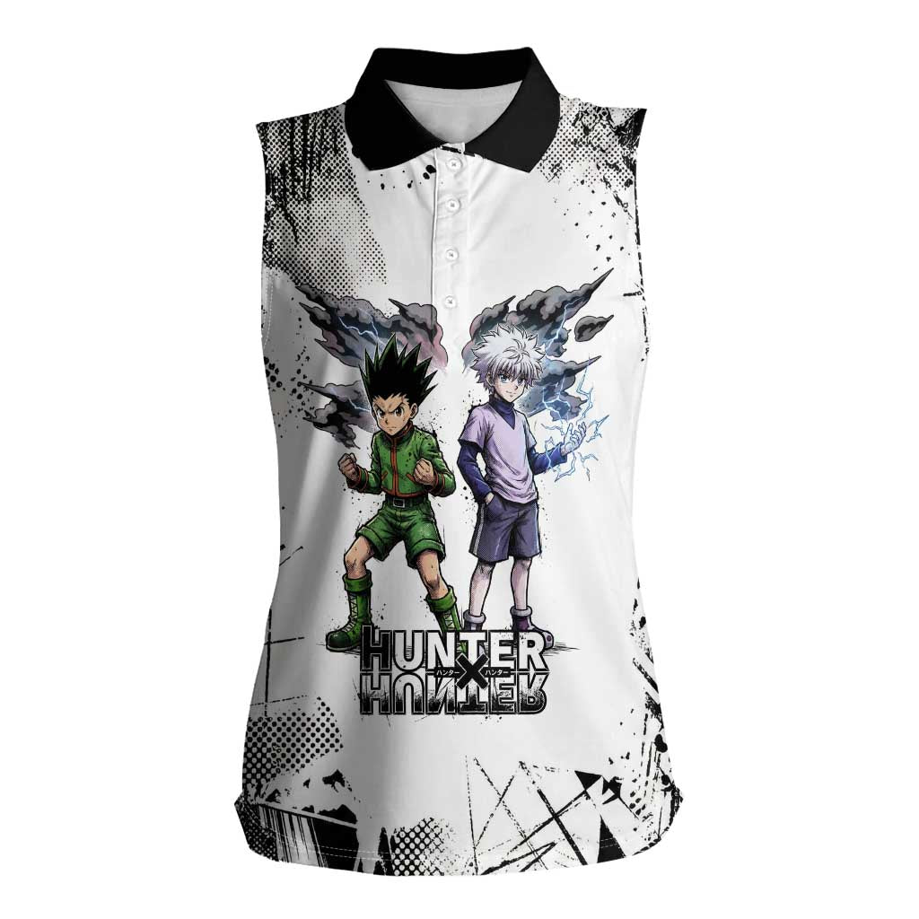 Main Characters Monochrome Graffiti Style Women Sleeveless Polo Shirt with Gon Killua Kurapika and Leorio Team Design - The Mazicc