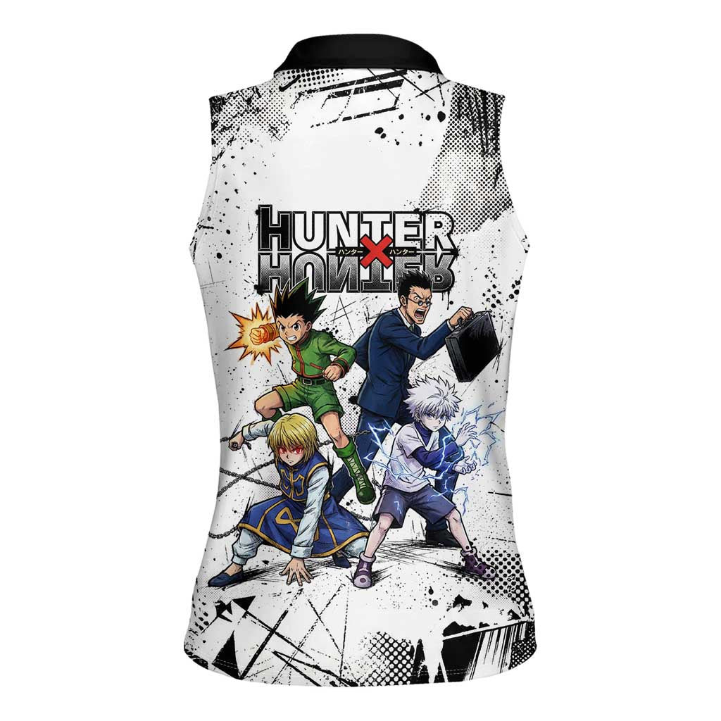 Main Characters Monochrome Graffiti Style Women Sleeveless Polo Shirt with Gon Killua Kurapika and Leorio Team Design - The Mazicc