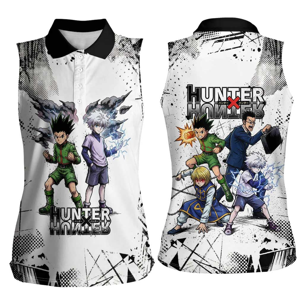 Main Characters Monochrome Graffiti Style Women Sleeveless Polo Shirt with Gon Killua Kurapika and Leorio Team Design - The Mazicc