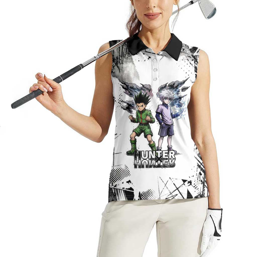 Main Characters Monochrome Graffiti Style Women Sleeveless Polo Shirt with Gon Killua Kurapika and Leorio Team Design - The Mazicc