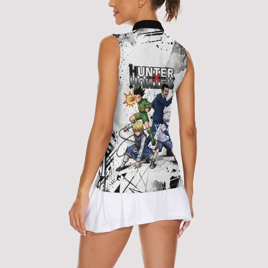 Main Characters Monochrome Graffiti Style Women Sleeveless Polo Shirt with Gon Killua Kurapika and Leorio Team Design - The Mazicc
