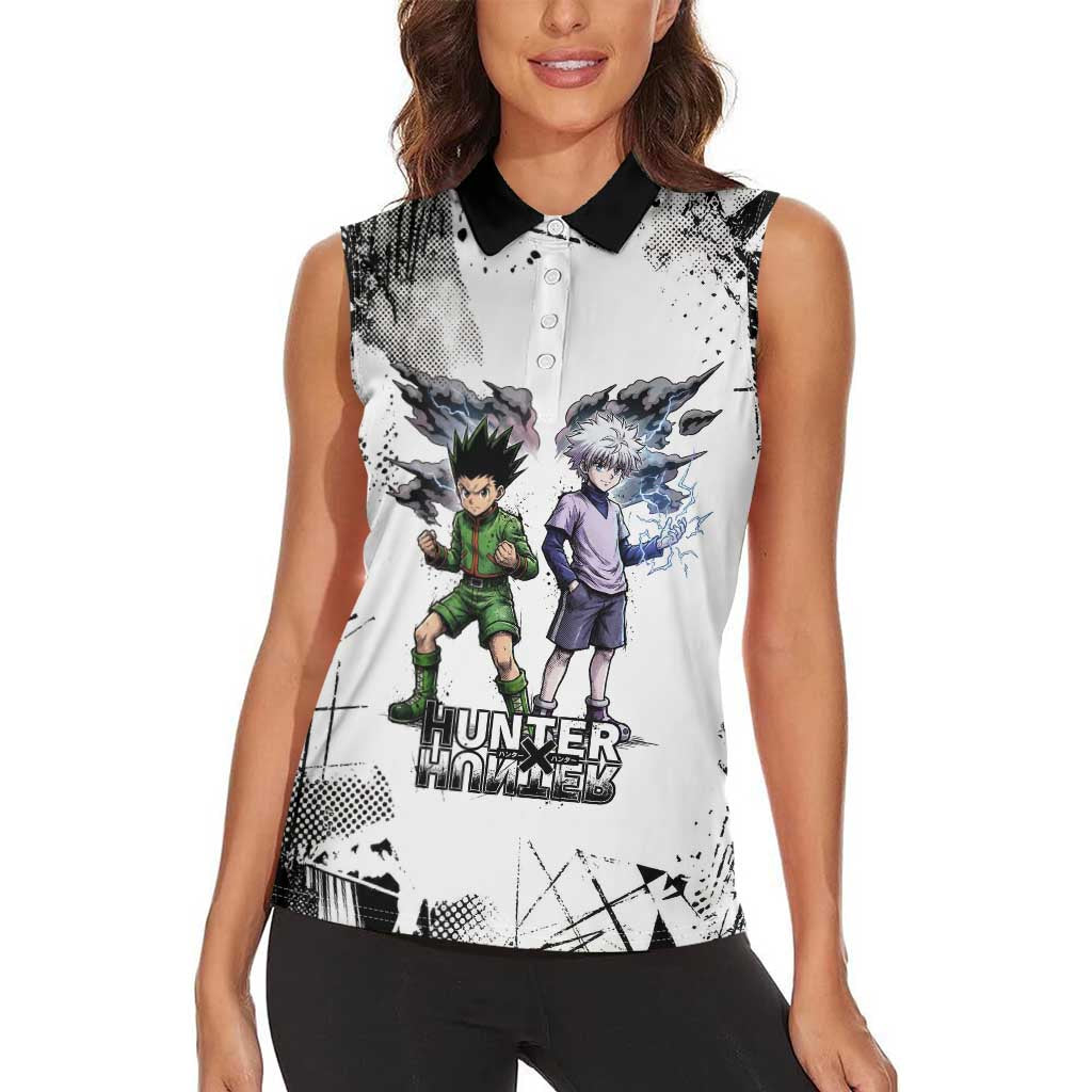 Main Characters Monochrome Graffiti Style Women Sleeveless Polo Shirt with Gon Killua Kurapika and Leorio Team Design - The Mazicc