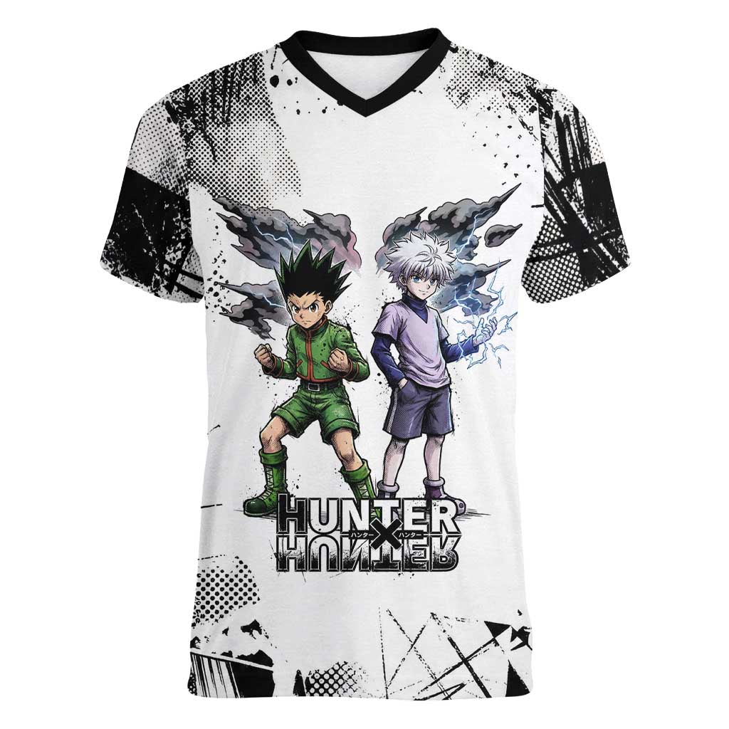 Main Characters Monochrome Graffiti Style Women V-Neck T-Shirt with Gon Killua Kurapika and Leorio Team Design - The Mazicc