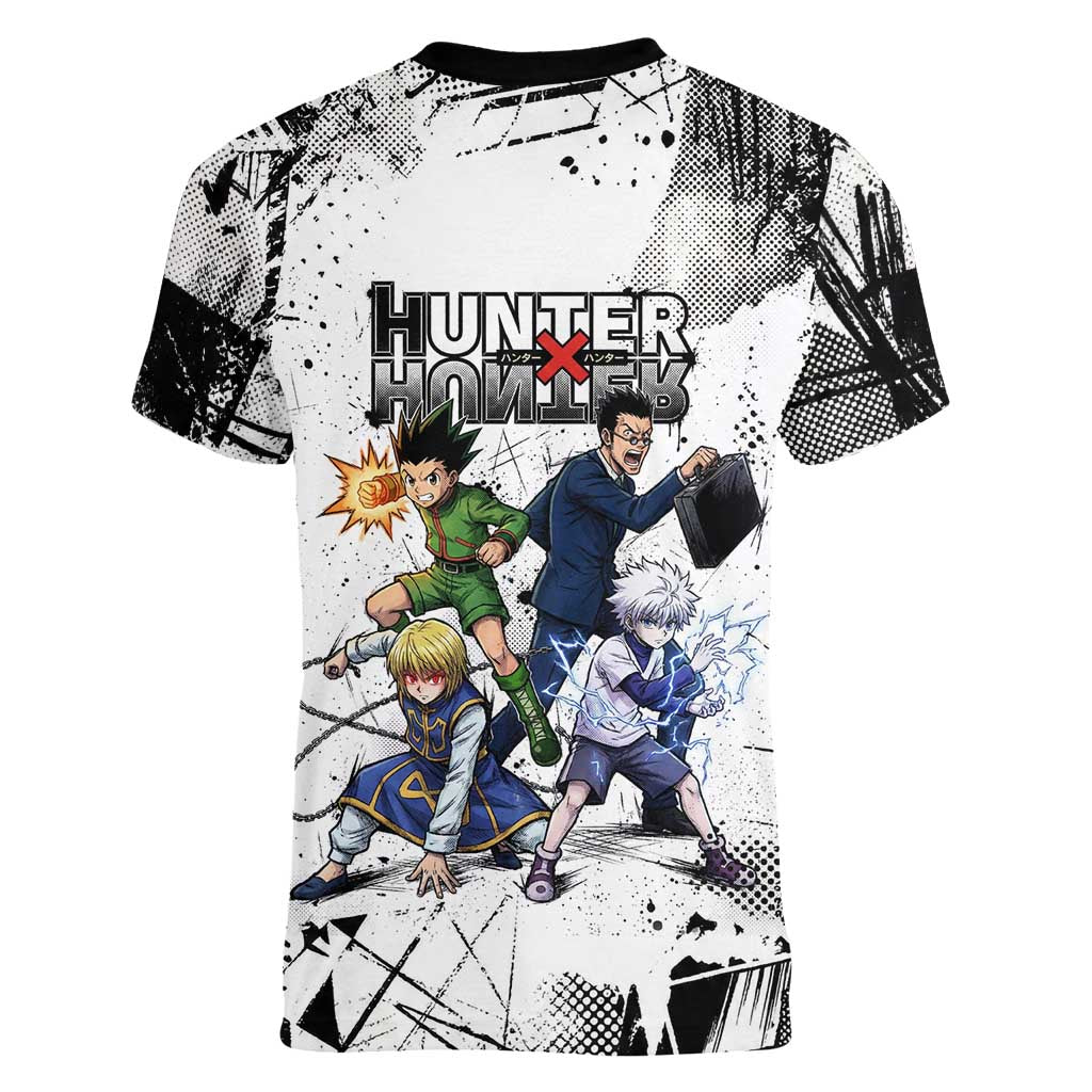 Main Characters Monochrome Graffiti Style Women V-Neck T-Shirt with Gon Killua Kurapika and Leorio Team Design - The Mazicc
