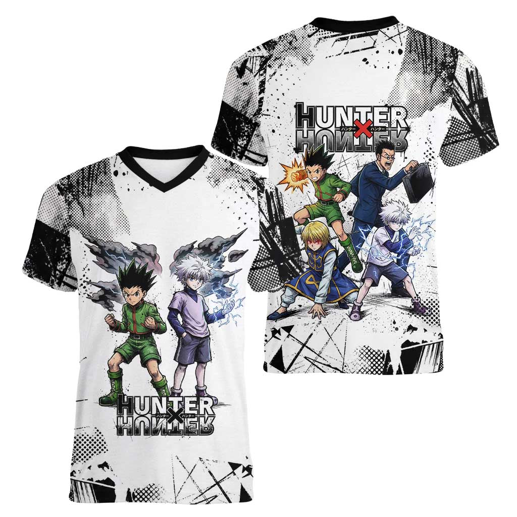 Main Characters Monochrome Graffiti Style Women V-Neck T-Shirt with Gon Killua Kurapika and Leorio Team Design - The Mazicc