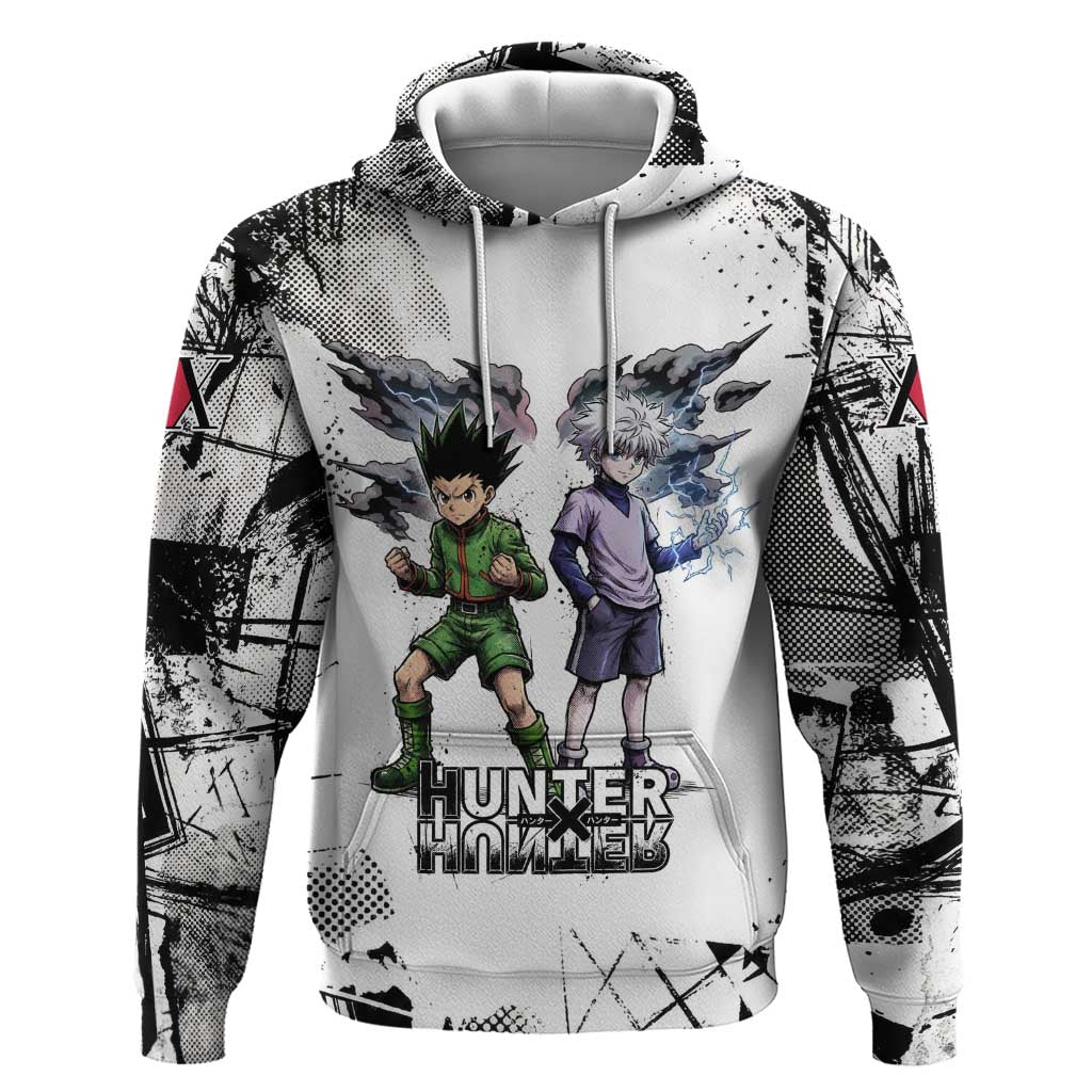 Main Characters Monochrome Graffiti Style Zip Hoodie with Gon Killua Kurapika and Leorio Team Design - The Mazicc