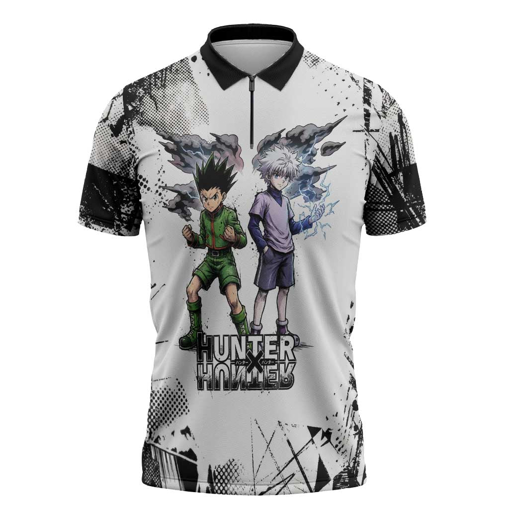 Main Characters Monochrome Graffiti Style Zipper Polo Shirt with Gon Killua Kurapika and Leorio Team Design - The Mazicc