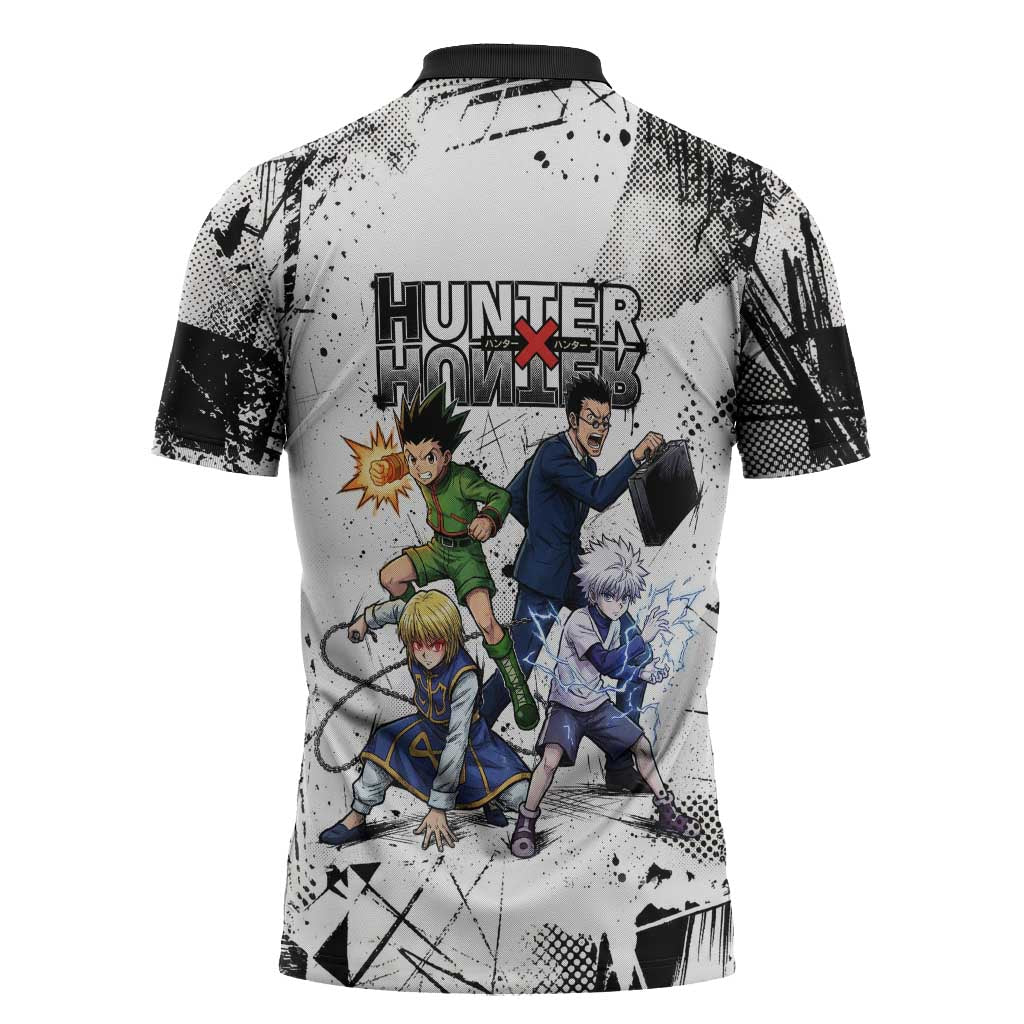 Main Characters Monochrome Graffiti Style Zipper Polo Shirt with Gon Killua Kurapika and Leorio Team Design - The Mazicc