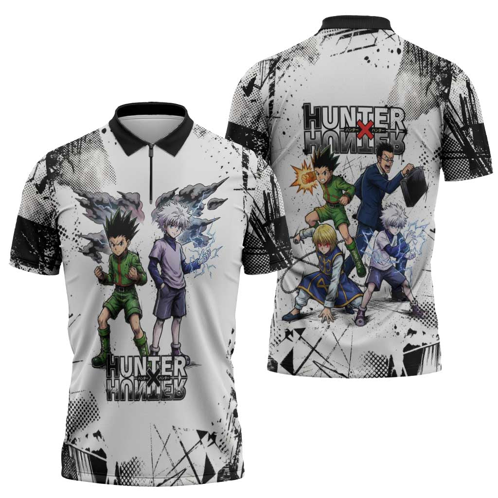 Main Characters Monochrome Graffiti Style Zipper Polo Shirt with Gon Killua Kurapika and Leorio Team Design - The Mazicc