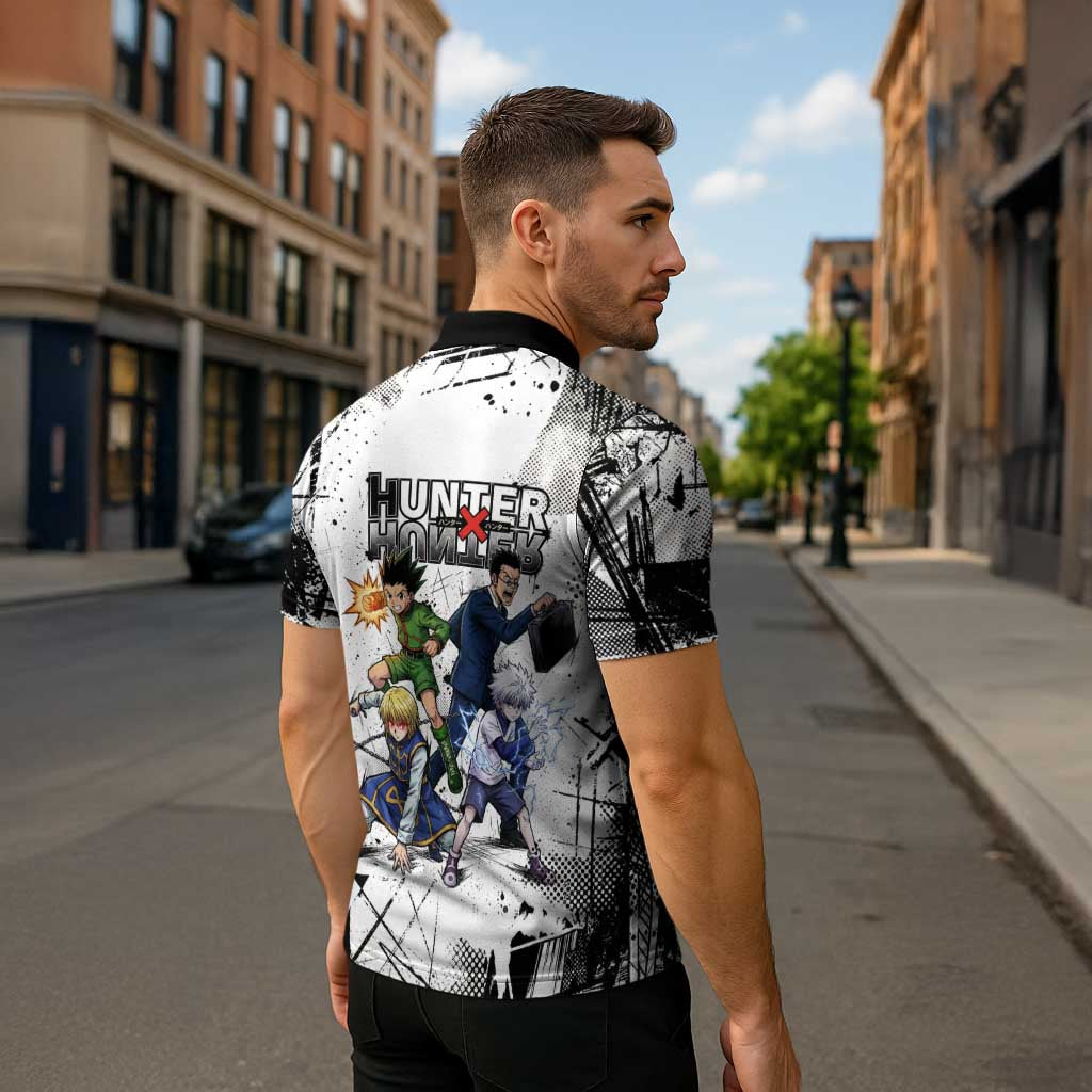 Main Characters Monochrome Graffiti Style Zipper Polo Shirt with Gon Killua Kurapika and Leorio Team Design - The Mazicc