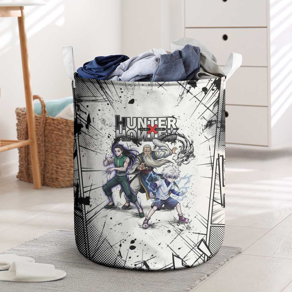 Killua Silva Illumi Team Design Laundry Basket with Monochrome Graffiti Background and Hunter Association Symbols - The Mazicc