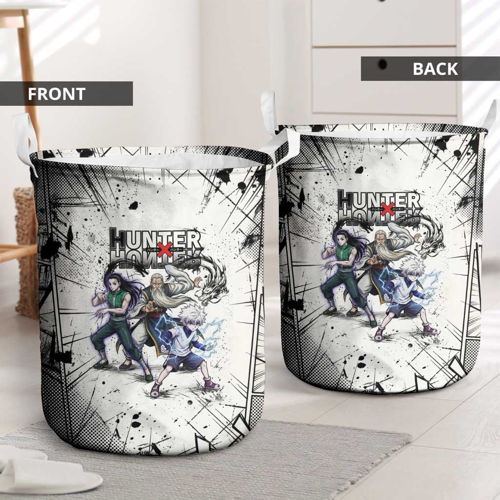 Killua Silva Illumi Team Design Laundry Basket with Monochrome Graffiti Background and Hunter Association Symbols - The Mazicc