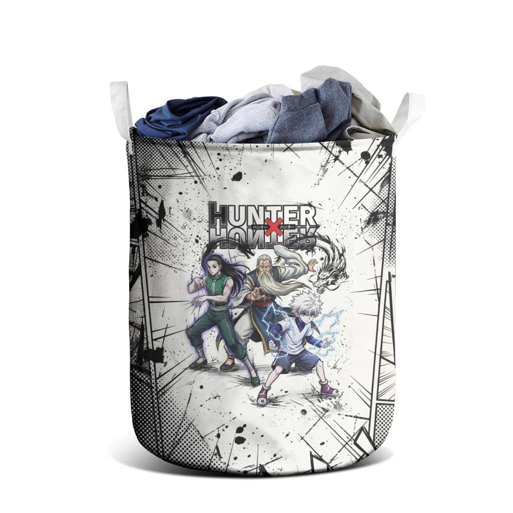 Killua Silva Illumi Team Design Laundry Basket with Monochrome Graffiti Background and Hunter Association Symbols - The Mazicc