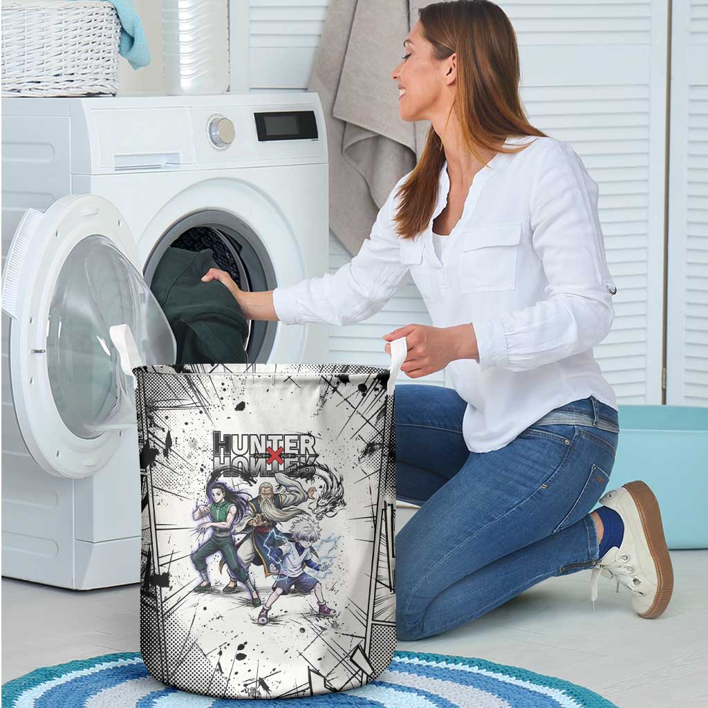 Killua Silva Illumi Team Design Laundry Basket with Monochrome Graffiti Background and Hunter Association Symbols - The Mazicc