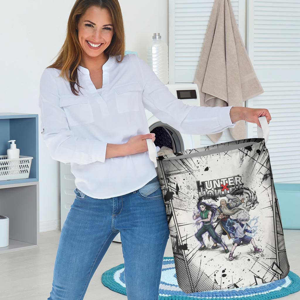 Killua Silva Illumi Team Design Laundry Basket with Monochrome Graffiti Background and Hunter Association Symbols - The Mazicc