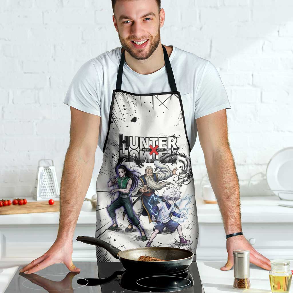 Killua Silva Illumi Team Design Apron with Monochrome Graffiti Background and Hunter Association Symbols - The Mazicc