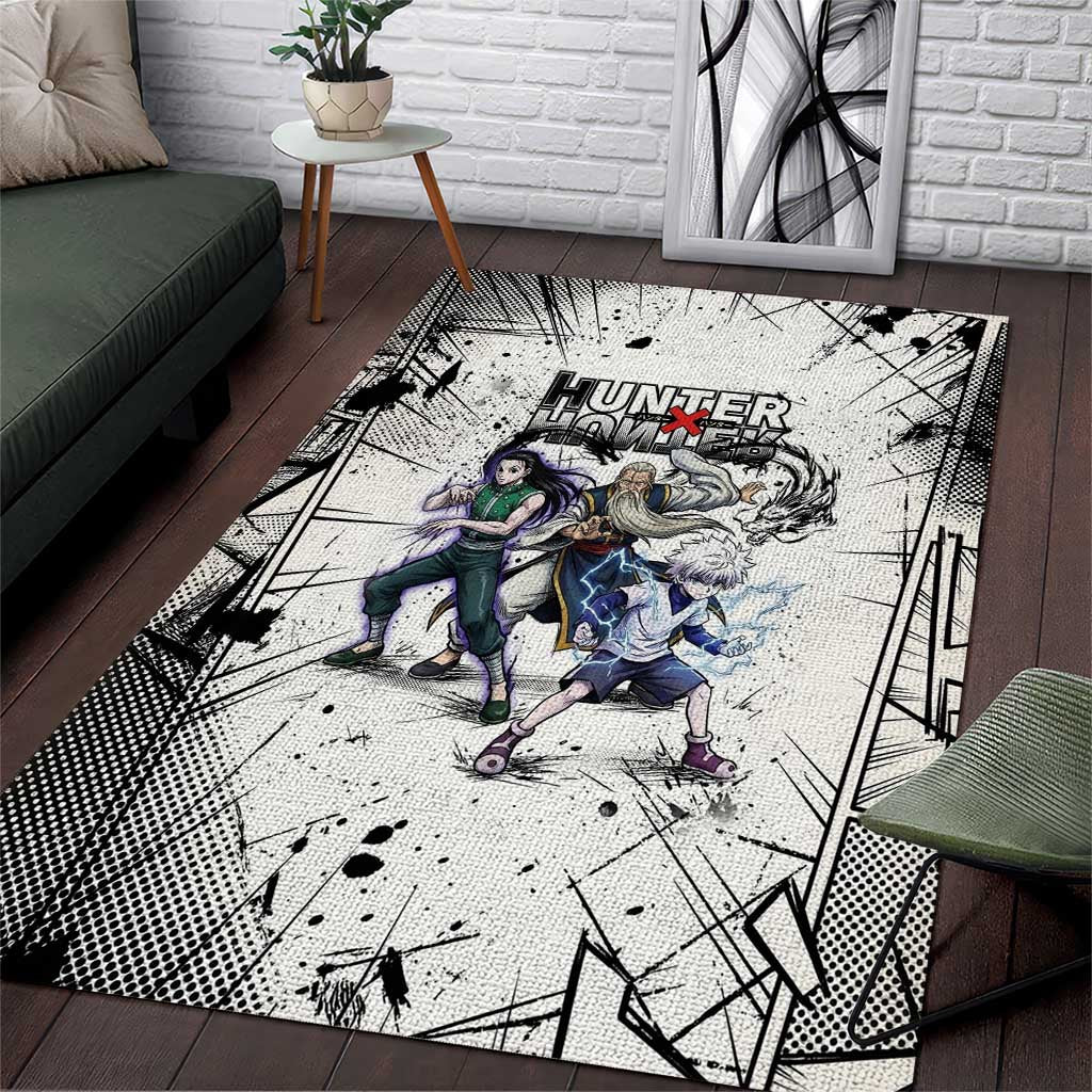 Killua Silva Illumi Team Design Area Rug with Monochrome Graffiti Background and Hunter Association Symbols - The Mazicc