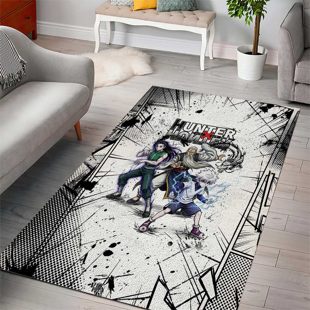 Killua Silva Illumi Team Design Area Rug with Monochrome Graffiti Background and Hunter Association Symbols - The Mazicc