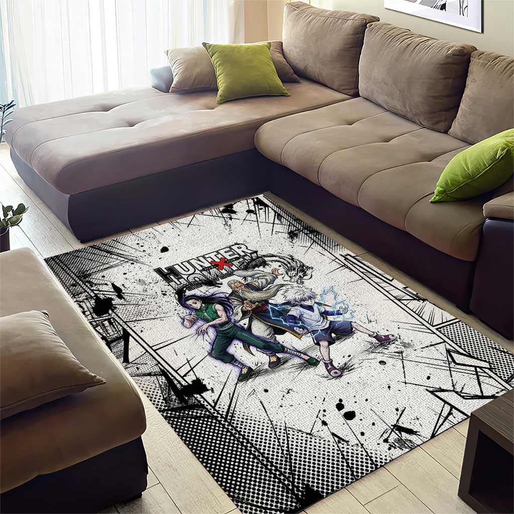 Killua Silva Illumi Team Design Area Rug with Monochrome Graffiti Background and Hunter Association Symbols - The Mazicc
