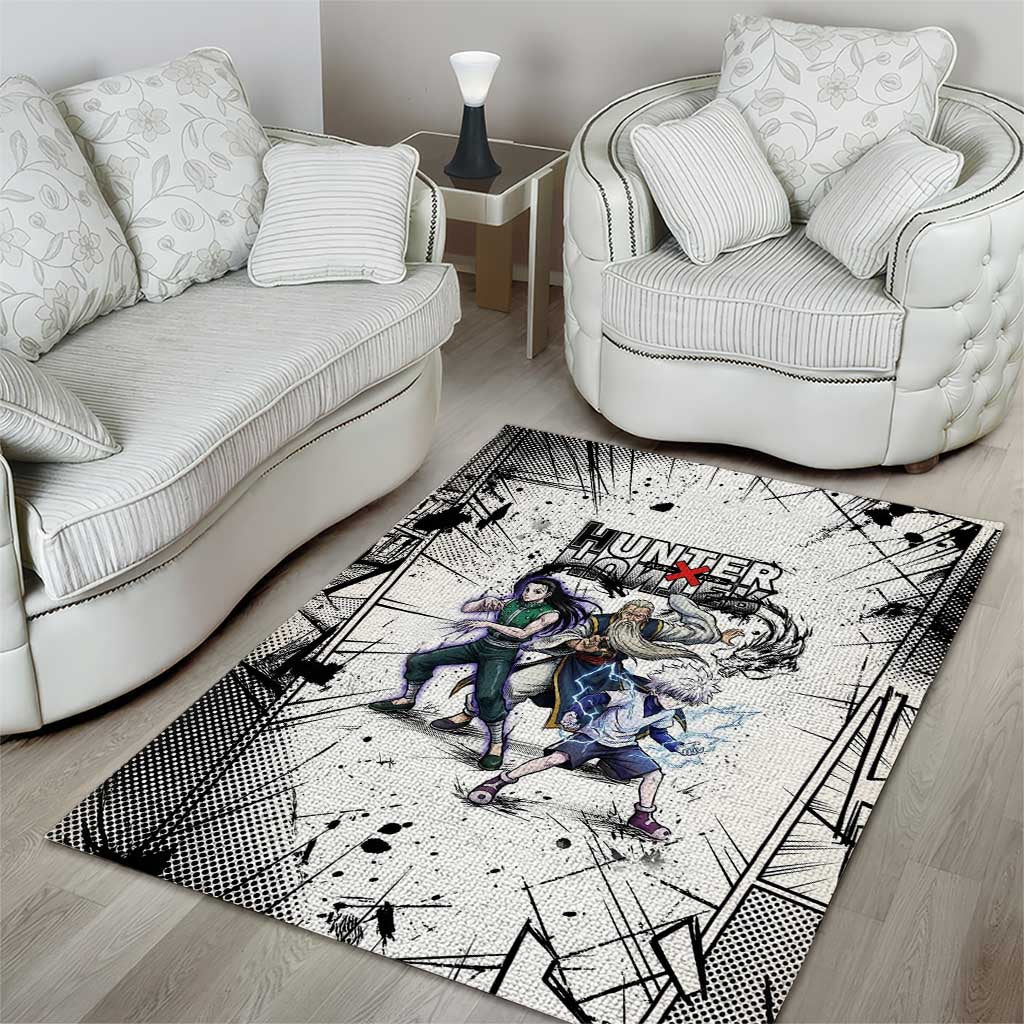 Killua Silva Illumi Team Design Area Rug with Monochrome Graffiti Background and Hunter Association Symbols - The Mazicc