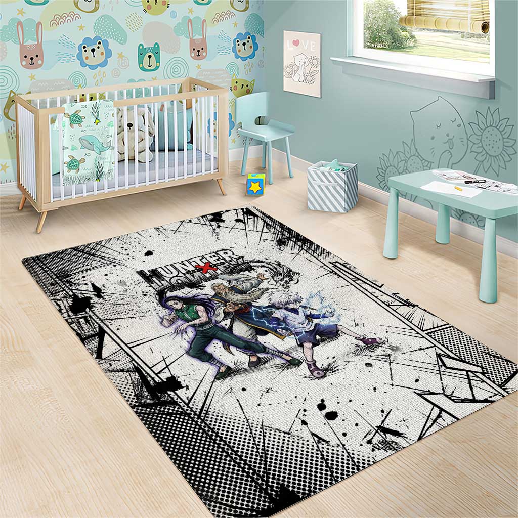 Killua Silva Illumi Team Design Area Rug with Monochrome Graffiti Background and Hunter Association Symbols - The Mazicc