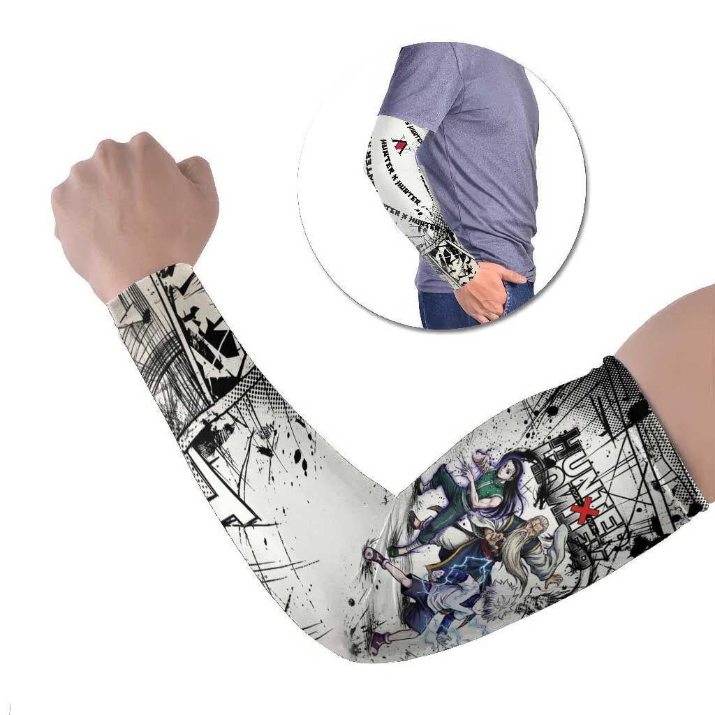 Killua Silva Illumi Team Design Arm Sleeves with Monochrome Graffiti Background and Hunter Association Symbols - The Mazicc