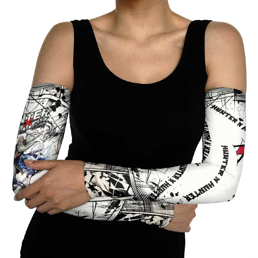 Killua Silva Illumi Team Design Arm Sleeves with Monochrome Graffiti Background and Hunter Association Symbols - The Mazicc