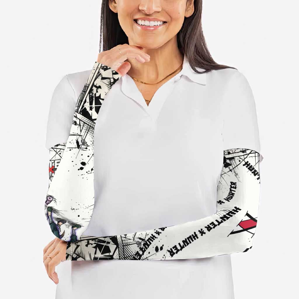 Killua Silva Illumi Team Design Arm Sleeves with Monochrome Graffiti Background and Hunter Association Symbols - The Mazicc