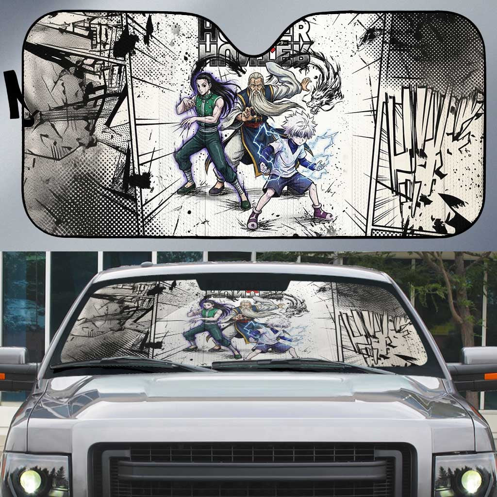 Killua Silva Illumi Team Design Auto Sun Shade with Monochrome Graffiti Background and Hunter Association Symbols - The Mazicc