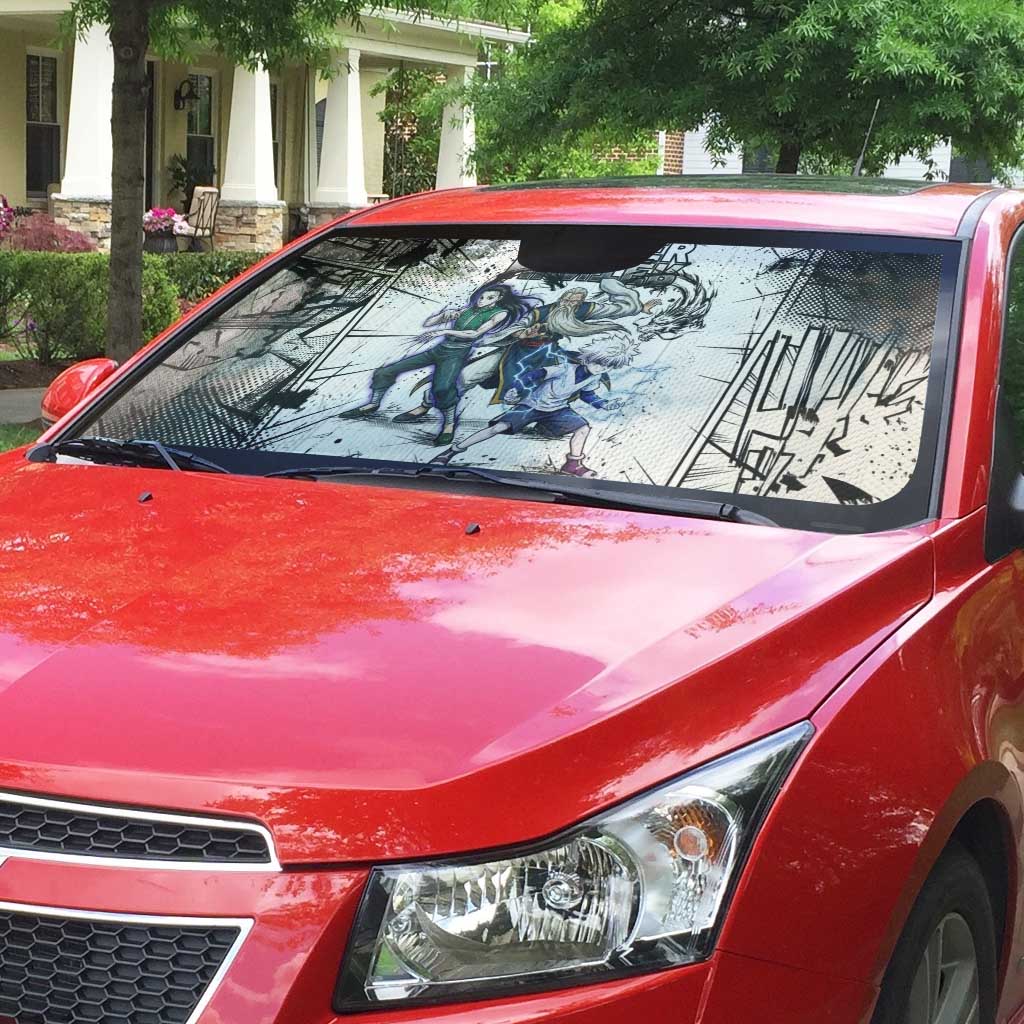 Killua Silva Illumi Team Design Auto Sun Shade with Monochrome Graffiti Background and Hunter Association Symbols - The Mazicc