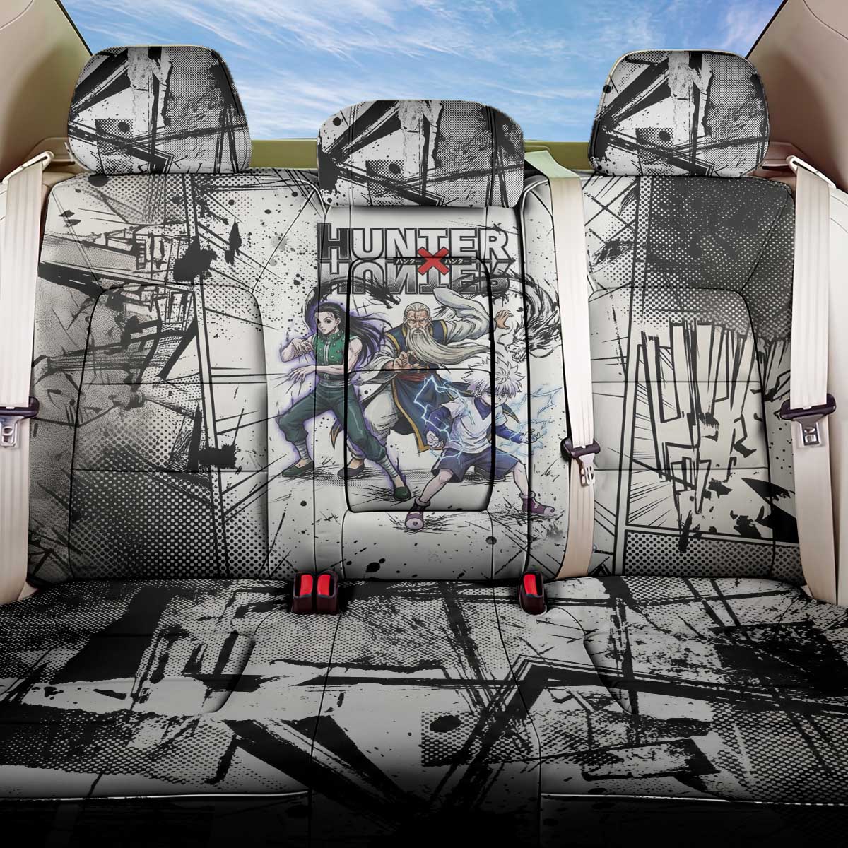 Killua Silva Illumi Team Design Back Car Seat Cover with Monochrome Graffiti Background and Hunter Association Symbols - The Mazicc