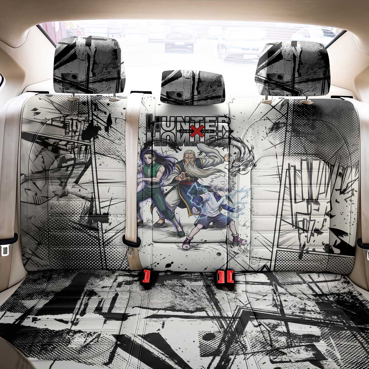 Killua Silva Illumi Team Design Back Car Seat Cover with Monochrome Graffiti Background and Hunter Association Symbols - The Mazicc