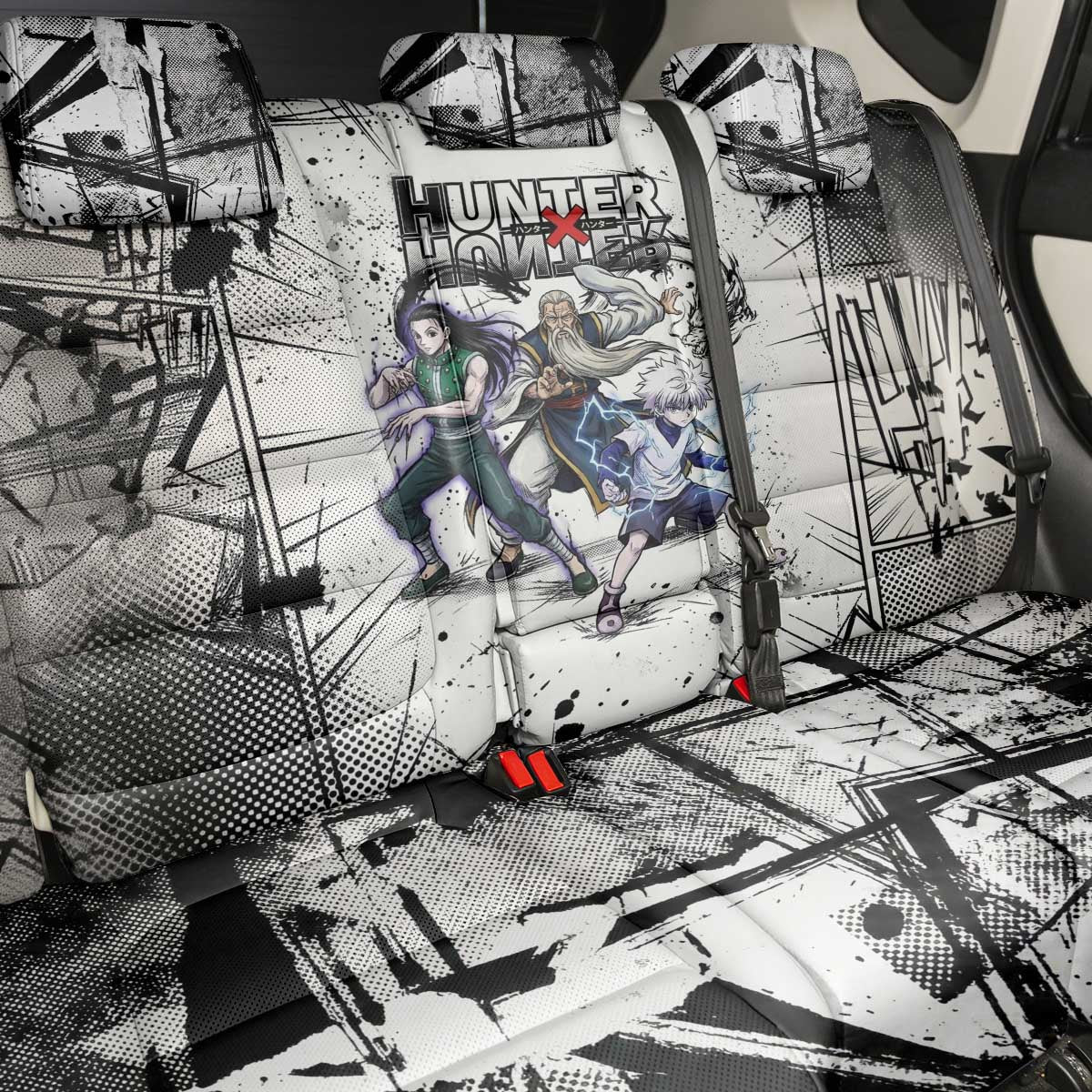Killua Silva Illumi Team Design Back Car Seat Cover with Monochrome Graffiti Background and Hunter Association Symbols - The Mazicc
